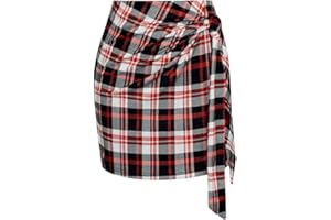 Kate Kasin Women's Plaid Skirt Elastic High Waist Bow Tie Stretch Bodycon Pencil Mini Skirts