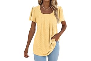 isermeo Summer Tops for Women Pleated Square Neck Ruffle Sleeve Shirts Casual Loose Flowy Curved Hem Tunic S-XXL