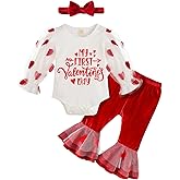 YOUNGER TREE Newborn Baby Girl My First Valentines Day Outfit Long Sleeve Romper and Bell Bottoms with Headband Clothes Set (3-6 Months)