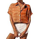 Selene Women's Summer Casual Short Sleeve V Neck Collared Button Down Shirt Cute Vintage Print Blouse Tops