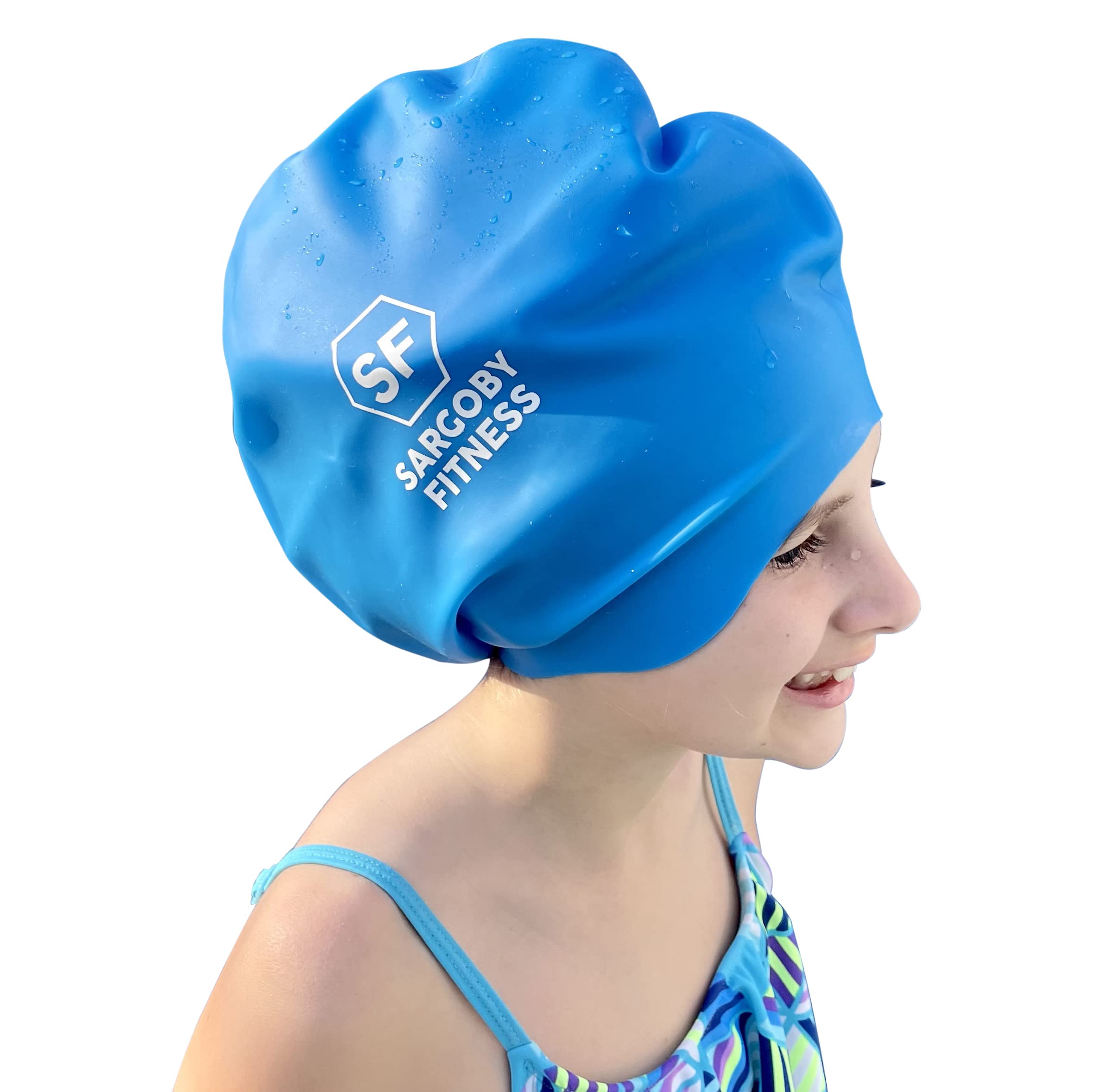 Sargoby Fitness Long hair swimming cap for kids Use to protect Dreadlocks Braids Locs from getting splashed (Blue, Small)