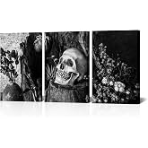 NutArtPic Skull Painting Day of the Dead Wall Art Black White Skull Flower Wall Picture Gothic Skeleton Canvas Gallery Wrapped (Black White, Medium)