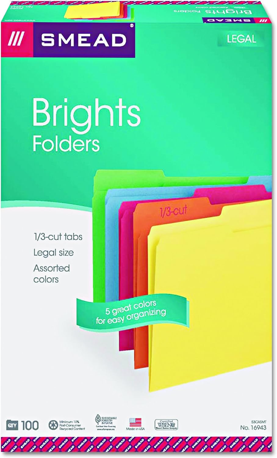 Smead File Folder, 1/3-Cut Tab, Legal Size, Assorted Colors, 100 per Box (16943) : Colored File Folders : Office Products