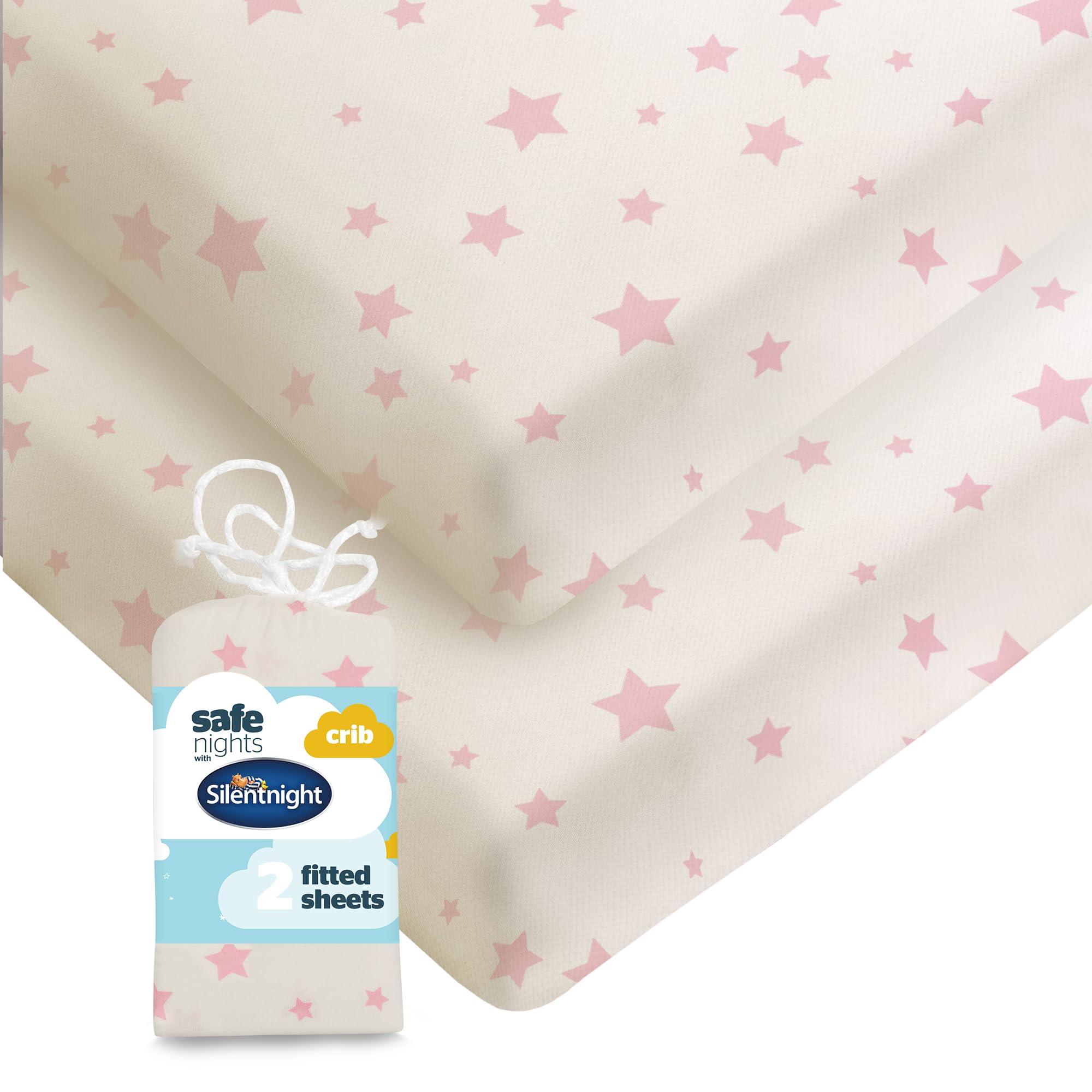 Silentnight Safe Nights Fitted Sheet - Crib Mattress - Breathable 100% Cotton Jersey – Super Soft Kind to Baby Skin - 90x40cm - Secure Fit with Elasticated Corners - 2 Pack, Pink Stars