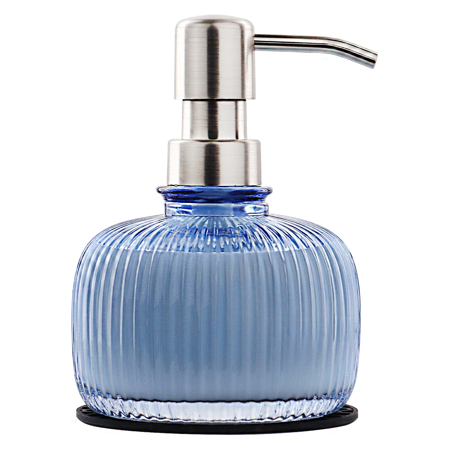 Photo 1 of 12 OZ Soap Dispensers with Silicone Mat, for Kitchen and Bathroom Contertop Wash Hand Liquid, Dish Detergent, Farmhouse Style Shampoo Lotion Pump (1, Blue Glass with Silver, 4" x 4" x 5-1/2")