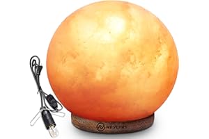 Nevlers Natural Himalayan Salt Sphere Lamp with Beautiful Wood Base -Includes Light Bulb and Dimmer Switch | Night Light and Decor