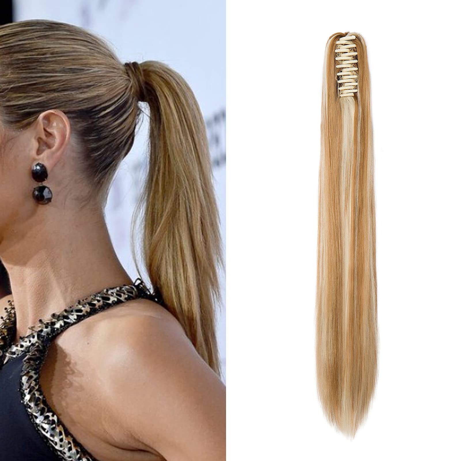 Cybelleza 22inch Ponytail Hair Extensions Ponytail Claw Jaw on Long Straight Pony Tails Clip in Hair Extensions Synthetic Hair pieces for Women (Dark Blonde&Bleach Blonde)