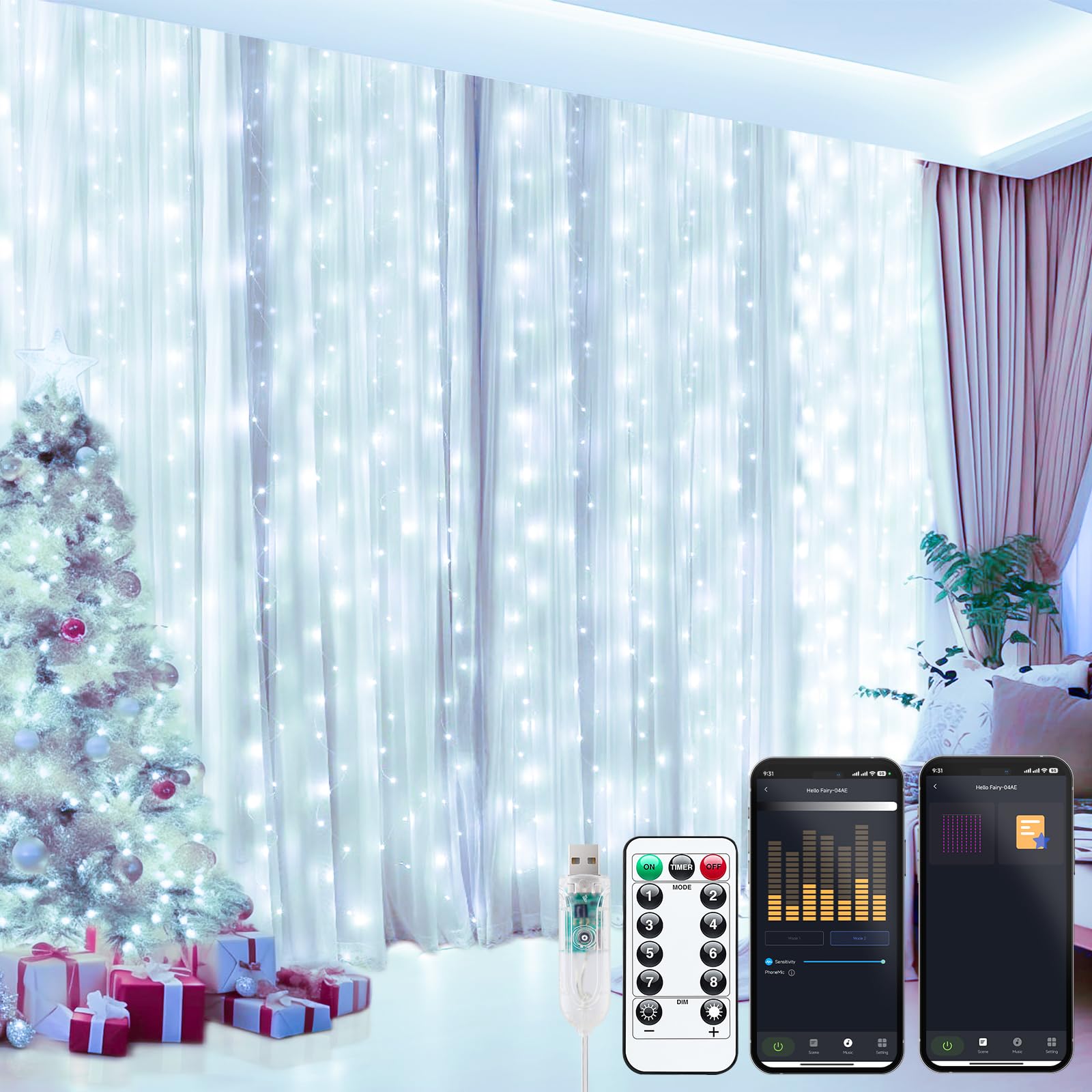 Photo 1 of Brightown Smart Curtain String Lights - 9.8ft 300 LED Fairy Light with APP Remote, 8 Modes, USB Powered Waterproof Christmas for Bedroom Wedding Party, White