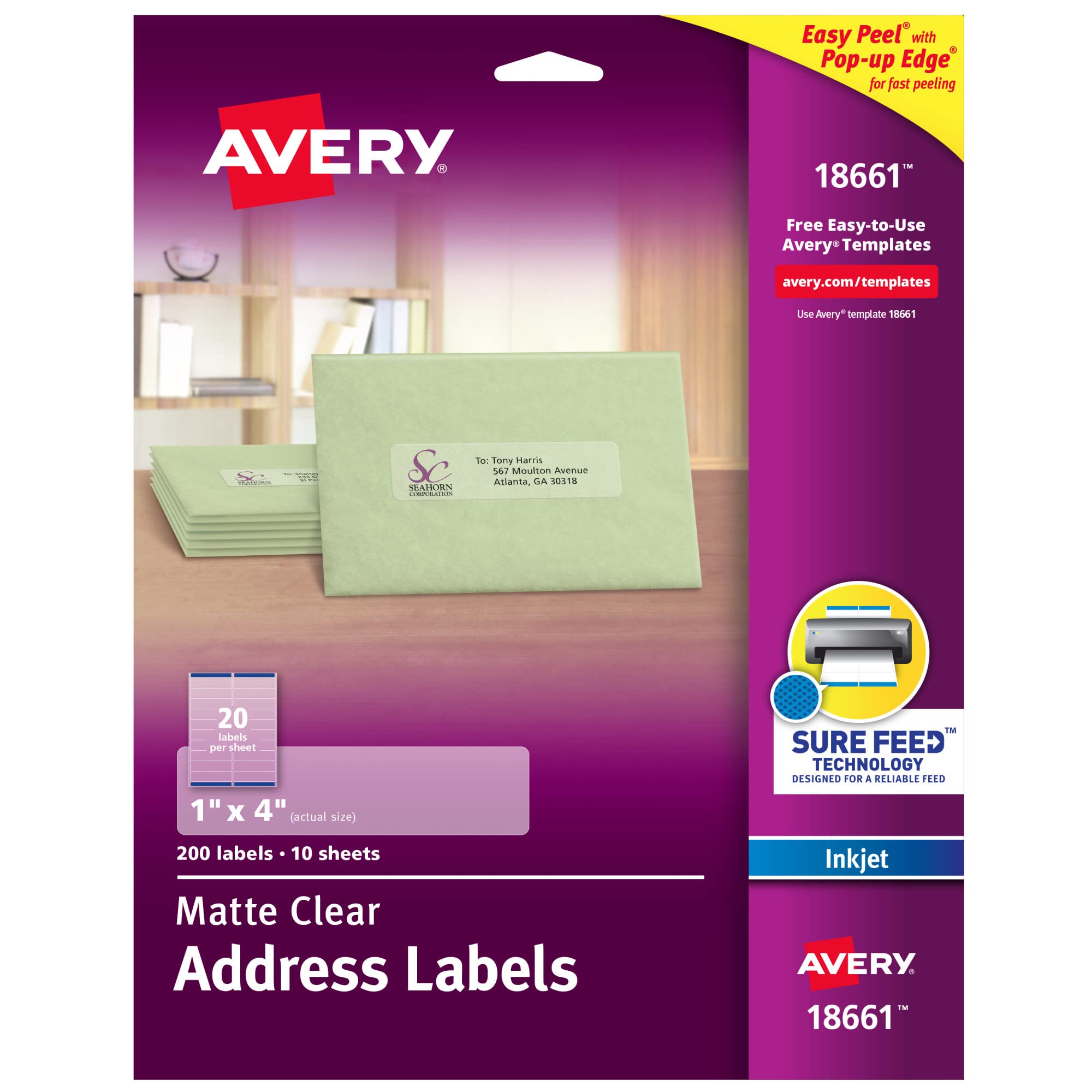 Photo 1 of Avery Printable Address Labels with Sure Feed, 1" x 4", Matte Clear, 200 Blank Mailing Labels (18661)