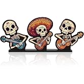 Smile Dia de los Muertos Wooden Standing Decor | Guitar Playing Sugar Skeletons Tiered Tray Tabletop for Home and Day of the Dead Decorations