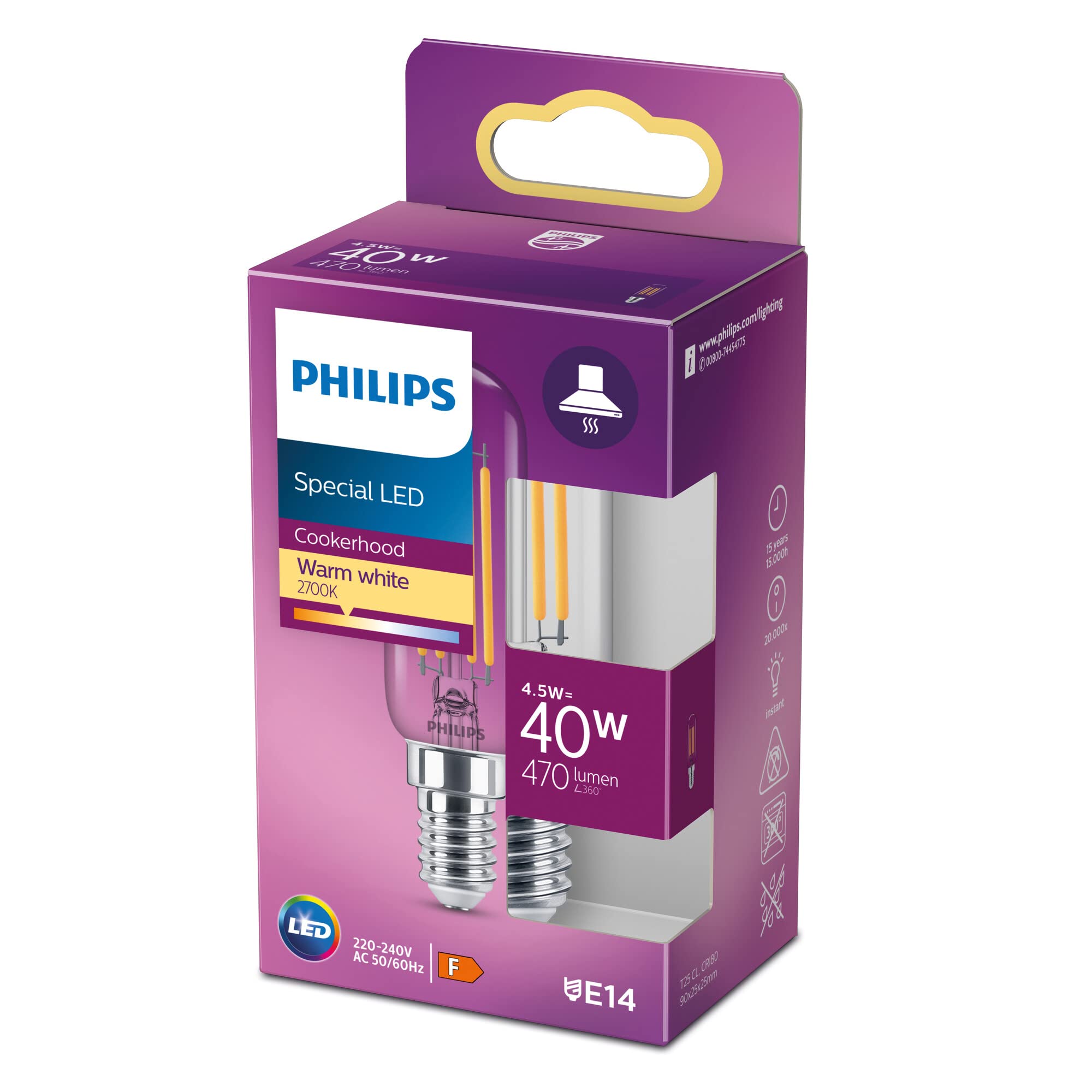 Philips E14 LED Classic Filament Light Bulb, T25L, 4.5W, 470 Lumens, 40W Halogen Equivalent, Warm White 2700k