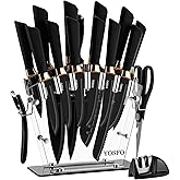 YOSFO Kitchen Knife Sets with Block and Sharpener, 17Pcs Stainless Steel Knife Set includes Serrated Steak Knives Set, Chef Santoku Knives, Scissor, Knife Holder (Black Knife Set with Block)