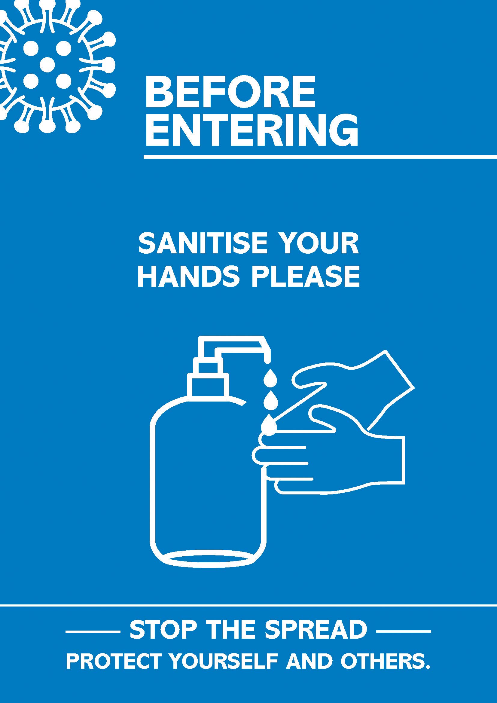 SECO Coronavirus Essential Poster -"Before Entering - Sanitise Your Hands", A4, Blue and White CVP04-A4