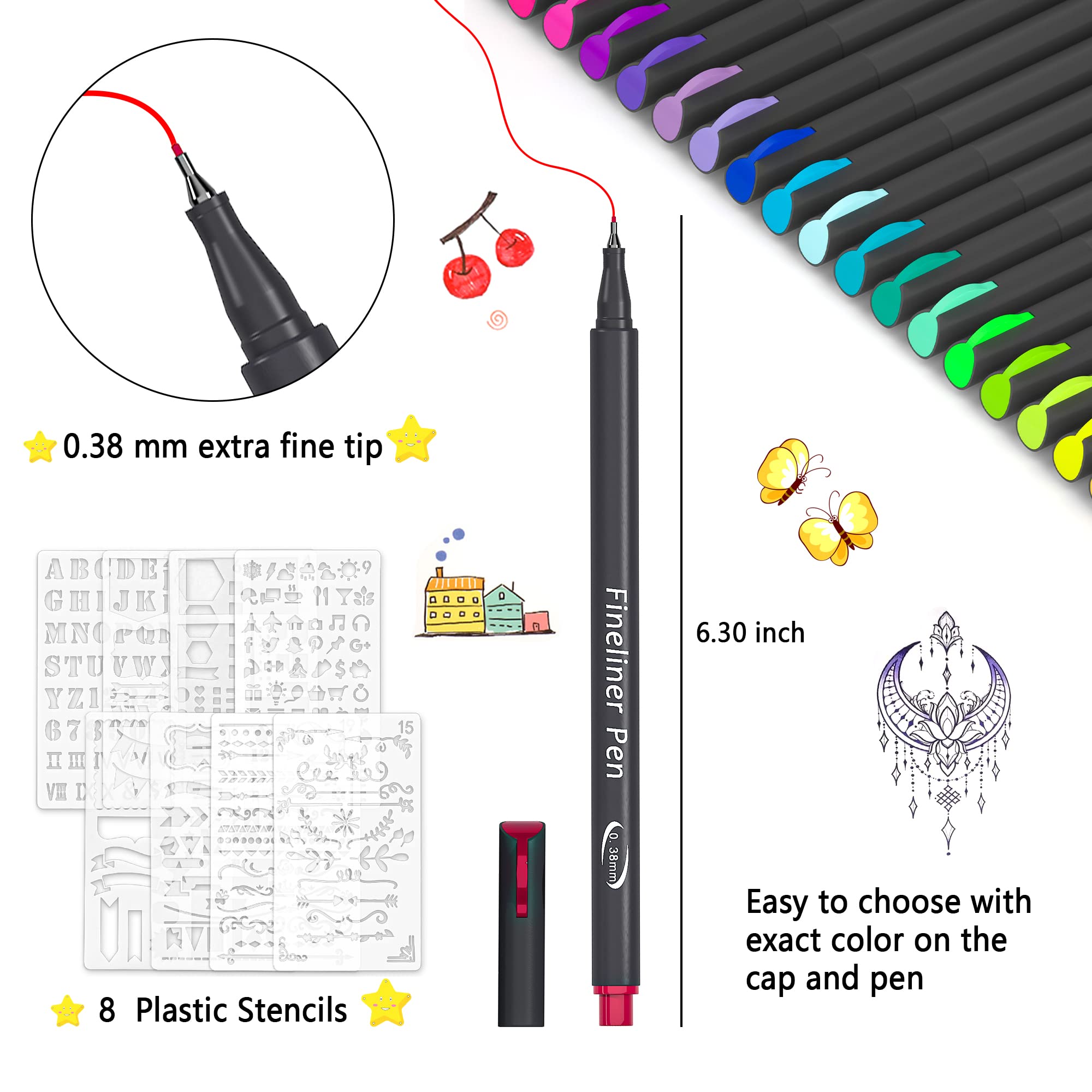 108 Pack Planner Colored Pens, 100 Assorted Colors Drawing Pens with 8 Different Stencils, Perfect for Dotted Journal Planner Writing Note Calendar Coloring Office School Supplies