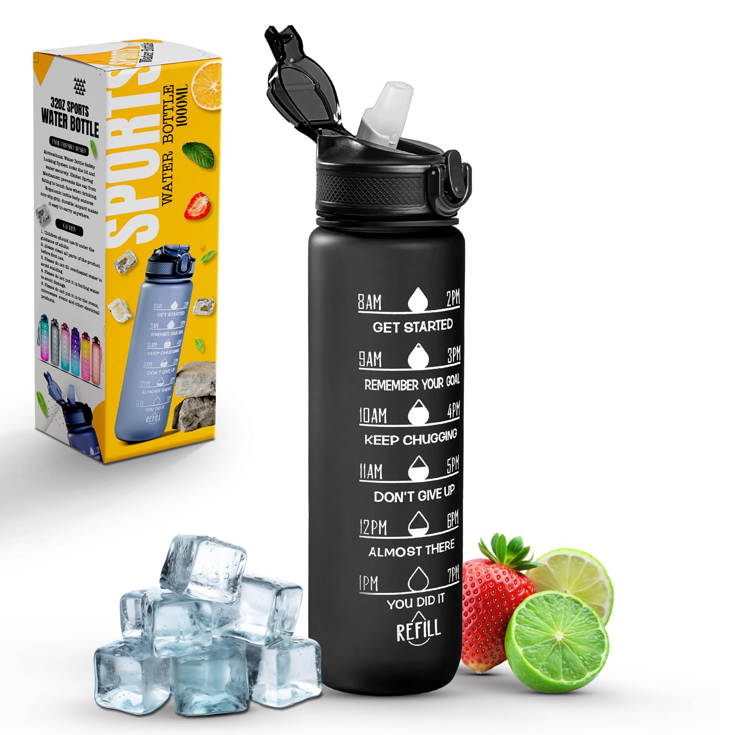 Roe Tenpo Sports Water Bottle with Straw and Time Marking, and 32OZ Capacity - Motivational and Eco-Friendly BPA-Free Bottle for Running, Gym, Yoga, Outdoors, and Camping (Style-1, Black)