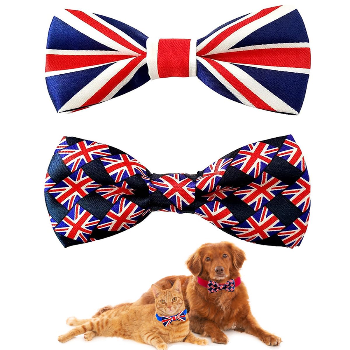 BIPY 2PCS Union Jack Dog Bow Ties UK Flag Patriotic Dogs Collar Bowties Holiday Party Celebrations King Charles Coronation Pet Grooming Accessories for Small Medium Cat Puppy Bow Tie (Large)