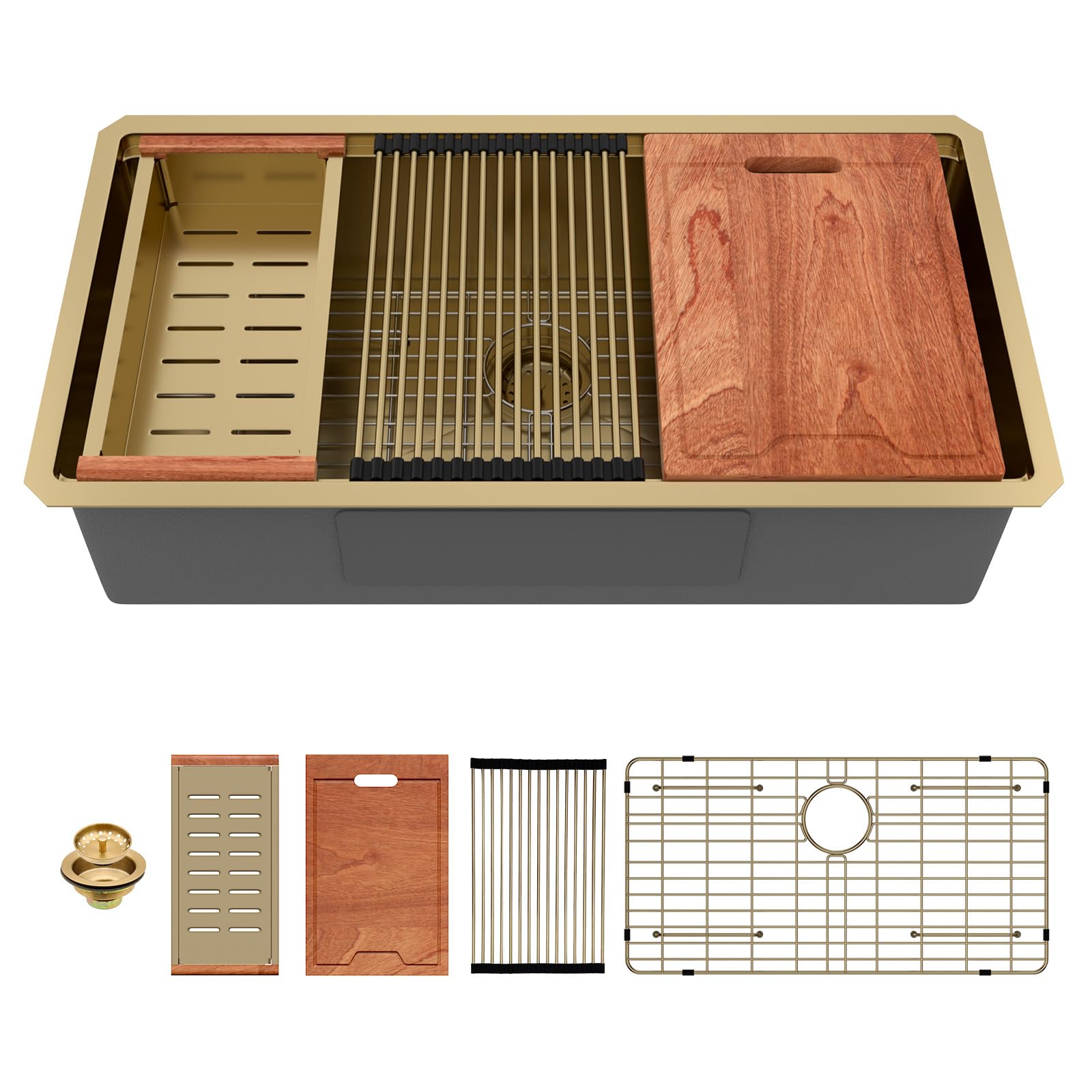 Photo 1 of Lordear Gold Undermount Kitchen Sink 36" x 19" Stainless Steel Sinks 16 Gauge Single Bowl Ledge Workstation Handmade Under Counter Kitchen Sink Basin with Built-In Accessories