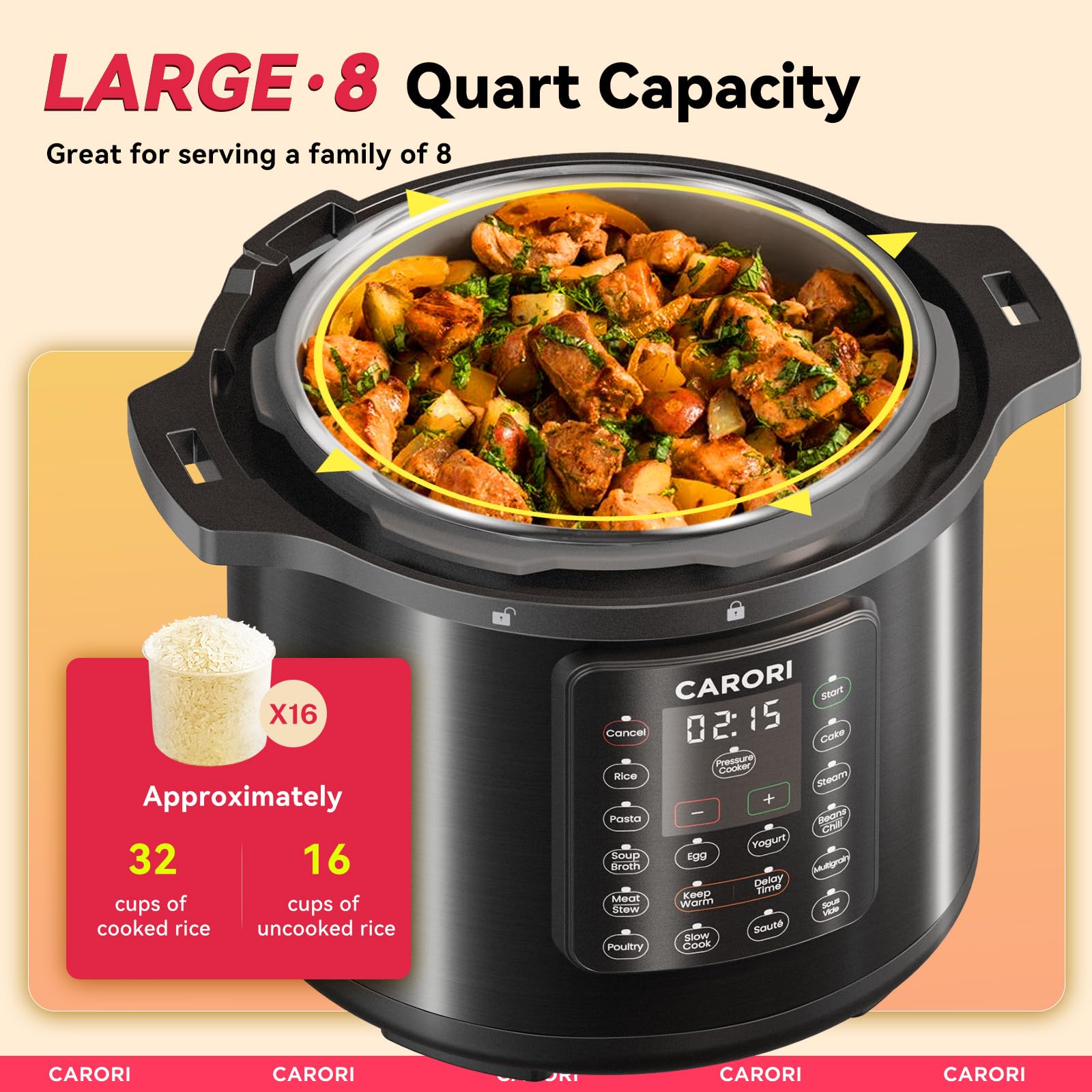 1200W 12-in-1 Electric Pressure Cooker 8Qt, Stainless Steel Pressure Cooker, Slow Cook Rice Cooker Steamer Sauté, Yogurt Maker, Warmer & Sterilizer with Recipe, Safer Venting Design, Black