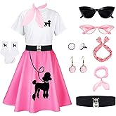 UpFind Poodle Skirts for Women 50s Costume Sock Hop Outfits,1950s Poodle Skirts,T-Shir with Scarf Glasses Belt Earring 10Pcs