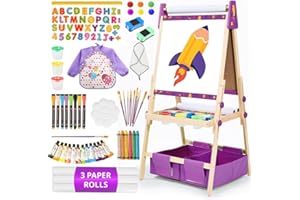 ZIPPYZEBRA Art Easel for Kids with 3 Paper Roll, Magnetic Whiteboard and Chalkboard,Adjustable Standing Wooden Toddler Easel for Painting Double Sided,3in1 Painting Easel for Kids 2-4 4-8 Boys Girls Gift Purple