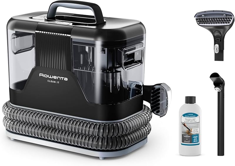 Rowenta clean it, aspirador multiuso para estofados, grande tanque removível com 1,8 l de água limpa e 1,5 l de águas residuais, design compacto, 12,5 kpa, 400 w, autolimpante, preto e branco, in5010