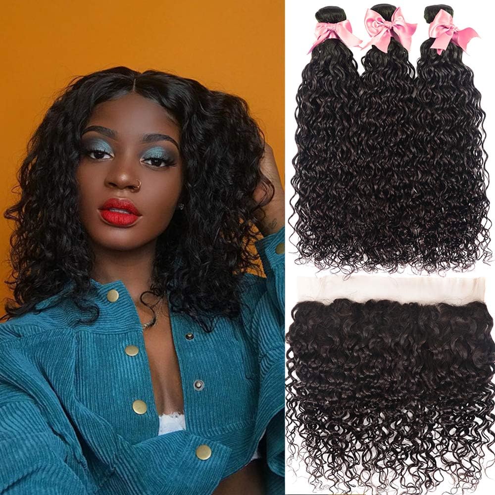 9A Brazilian Water Wave Human Hair Bundles With Frontal (14 16+12) 100% Unprocessed Virgin Brazilian Wet And Wavy Hair weave Bundles With Ear To Ear 13X4 Lace Frontal Closure Free Part Natural Color