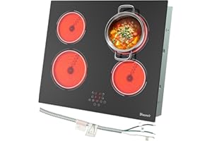 Disaenvir 24 Inch Electric Cooktop - 4 Burner Glass Electric Stove Top 6000W, 24 Inches Built-in Ceramic Stovetop with Timer, Safety Lock, Pause, Touch Control, 220V - 240V Hard Wire(No Plug)