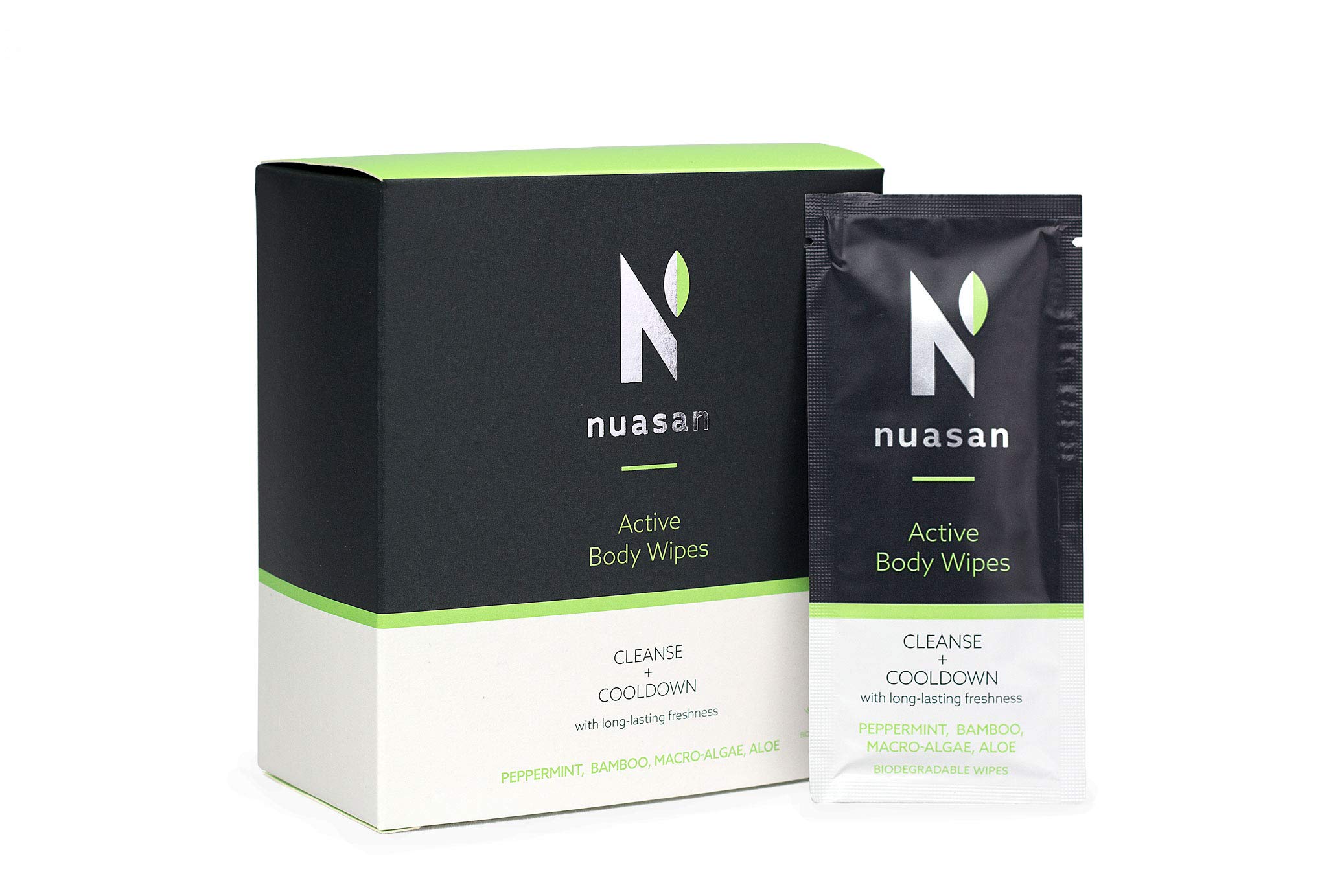 Nuasan Active Body Wipes for Men and Women - Full Body Cleansing for Camping, Hiking, Travel, Gym After Workout - No Rinse Bathing or Shower Wipe - Large Biodegradable Bamboo Adult Wet Wipes