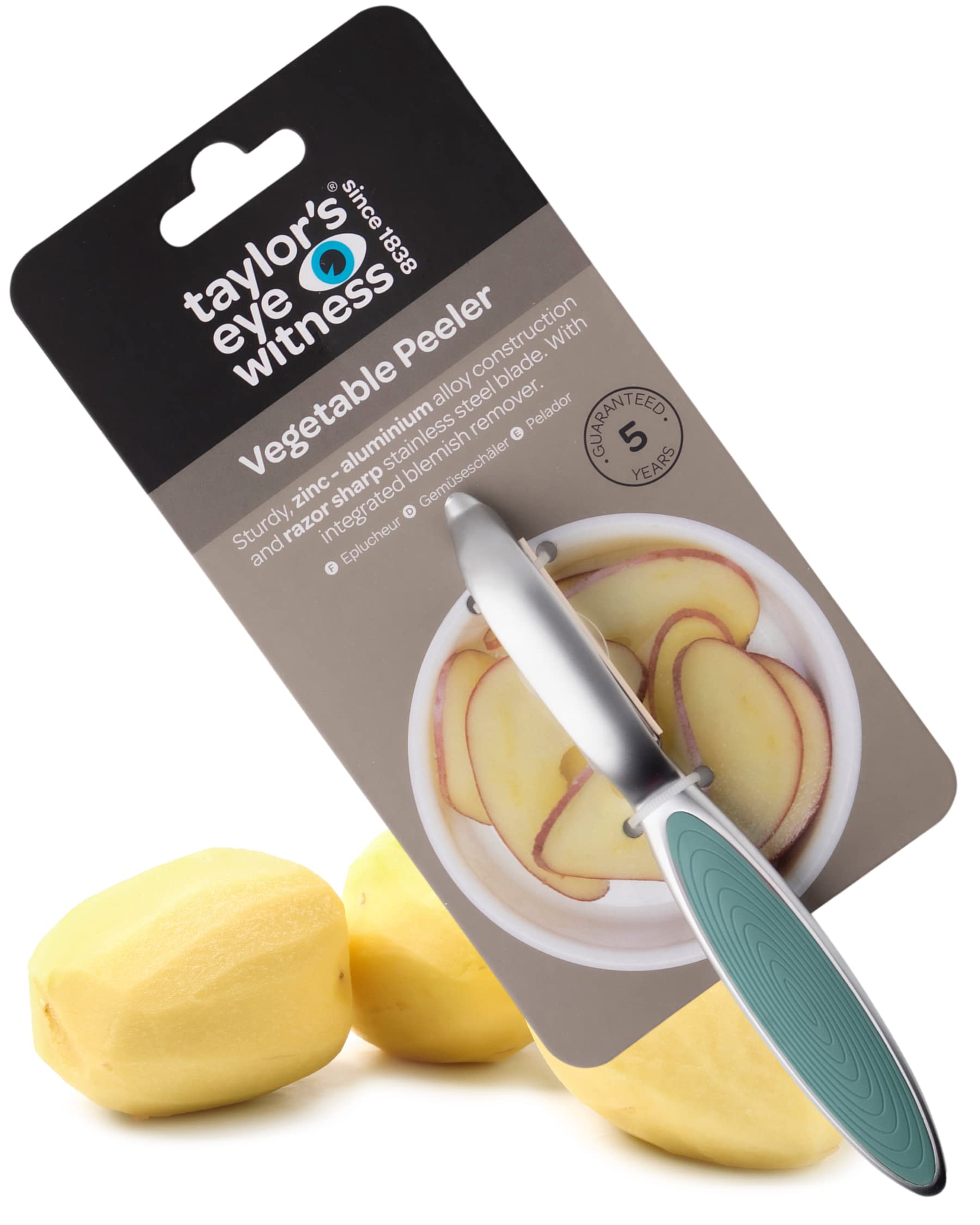 Premium Silver Straight Vegetable Peeler - Taylors Eye Witness, Great Kitchen Gadget, with Sturdy Zinc Aluminum Construction with Silver & Aqua Blue Colour, Glides Easily Over Apple, Carrot Or Potato
