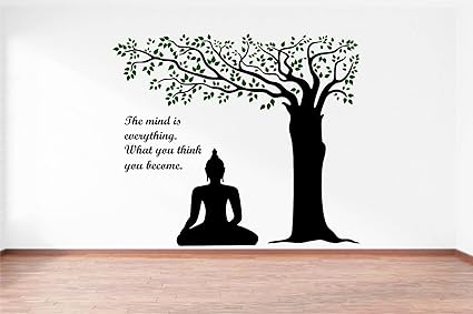 Rawpockets Decals Lord Buddha Under Tree and Quote on Mind Wall Sticker - (PVC Vinyl, 110 cm x 95 cm, Multicolour)