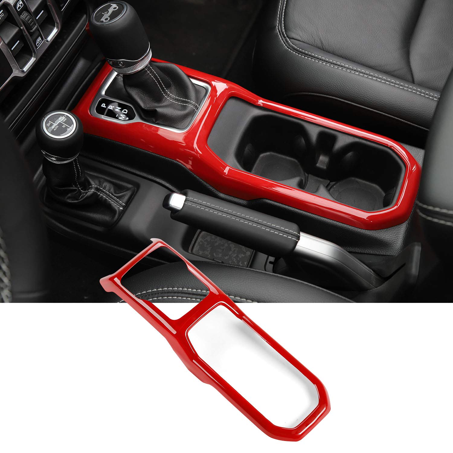 Photo 1 of JeCar Interior Gear Shift Cup Holder Panel Cover Trim Fit for Jeep Wrangler JL JLU Gladiator JT 2018-2024 (Red)