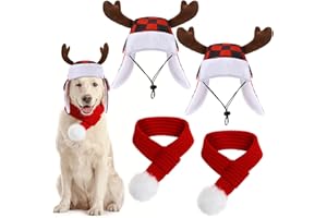 SilTriangle 2 Set Christmas Dog Hat Pet Cap with Earmuffs and Red Knit Scarf Warm Adjustable Pet Winter Dog Headwear for Dogs(Reindeer Style,M)