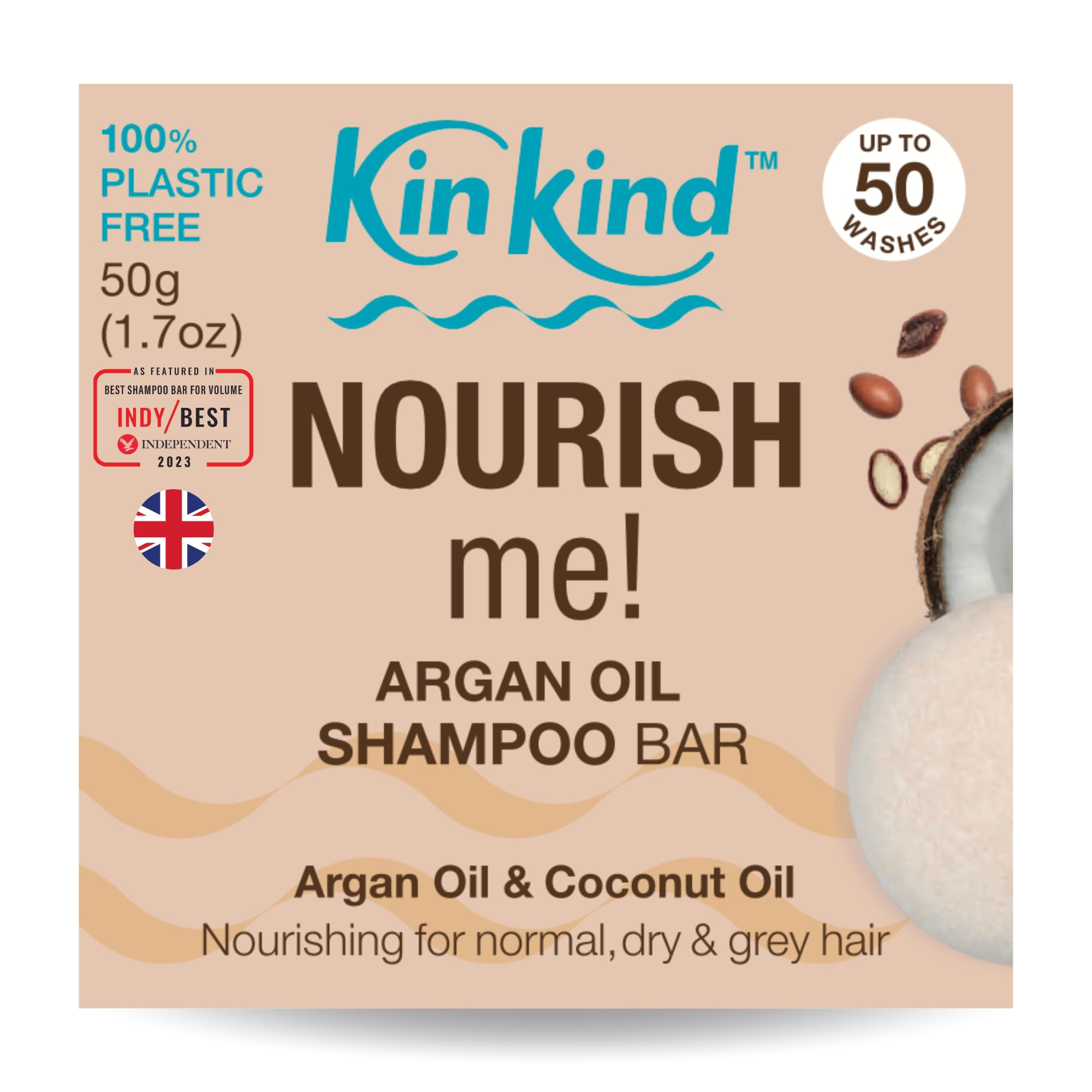 KinKind NOURISH me! Shampoo Bar. Coconut & Argan Oil for hydration. For normal, dry and grey hair. Vegan & Cruelty Free. UK made. Up to 50 washes.50g, cream, Pack of 1