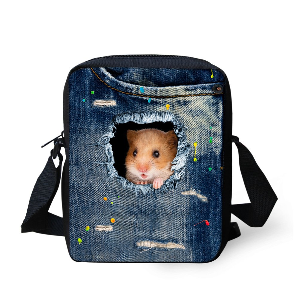 HUGS IDEA Kawaii Hamster Printed Blue Small Messenger Bags Totes Bag Purse for Women Girls