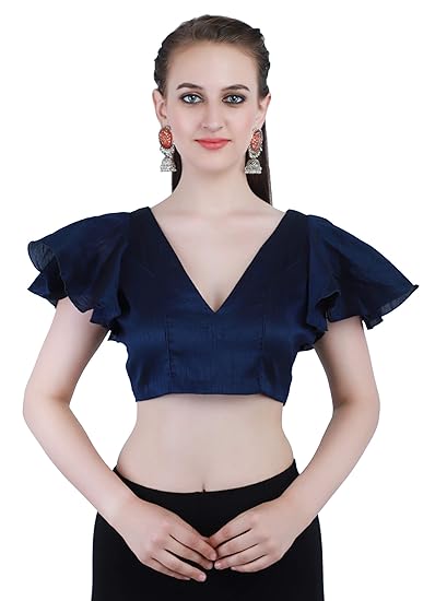 Dupion Silk V-Neck Back-Open Blouse with Flared Sleeves