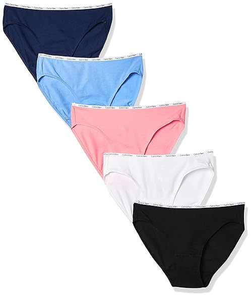 Calvin Klein Women's 5-Pack Cotton Stretch Logo Bikini, Black/White/Genie/Tender/Coastal, X-Large