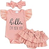 Mubineo Baby Girl Summer Clothes Hello Im New Here Outfits Newborn Romper Ruffle Skirt Shorts Coming Home Outfit