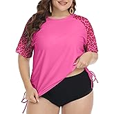 FOREYOND Plus Size Swim Tops Women Short Sleeve Rash Guard Shirts UPF 50+ Sun Protection Swimwear Swim Suits