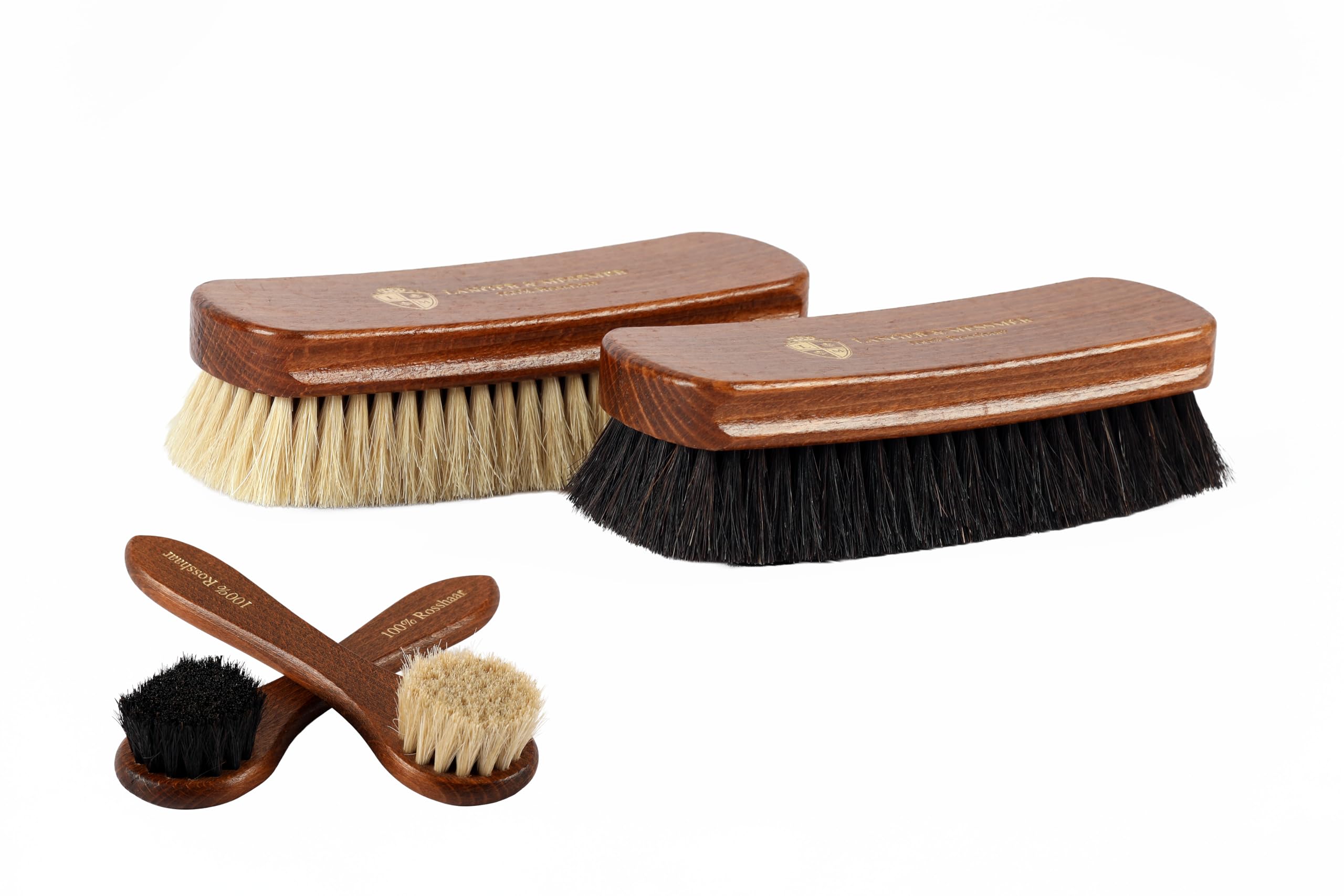 Langer & Messmer horsehair shoe brush set for professional shoe care of smooth leather shoes – includes polishing brushes and cream brushes – shoemaker-quality shoe brushes - 4 pieces