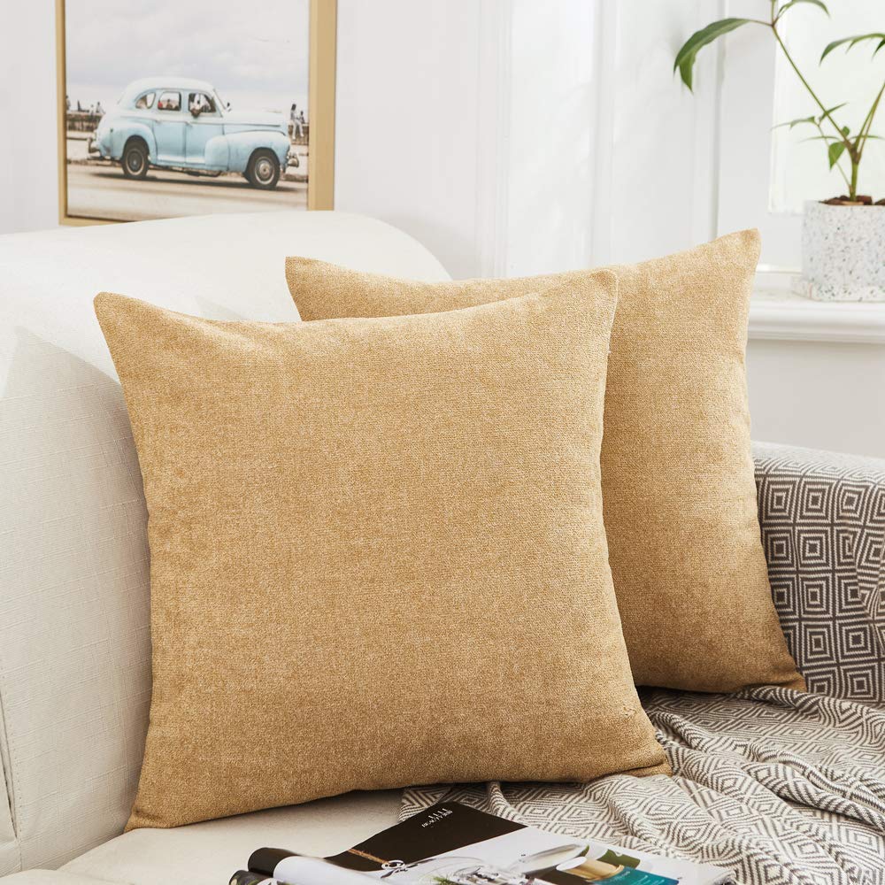 MERNETTE Pack of 2, Thick Chenille Decorative Square Throw Pillow Cover Cushion Covers Pillowcase, Home Decor Decorations For Sofa Couch Bed Chair 18x18 Inch/45x45 cm (Light Golden)