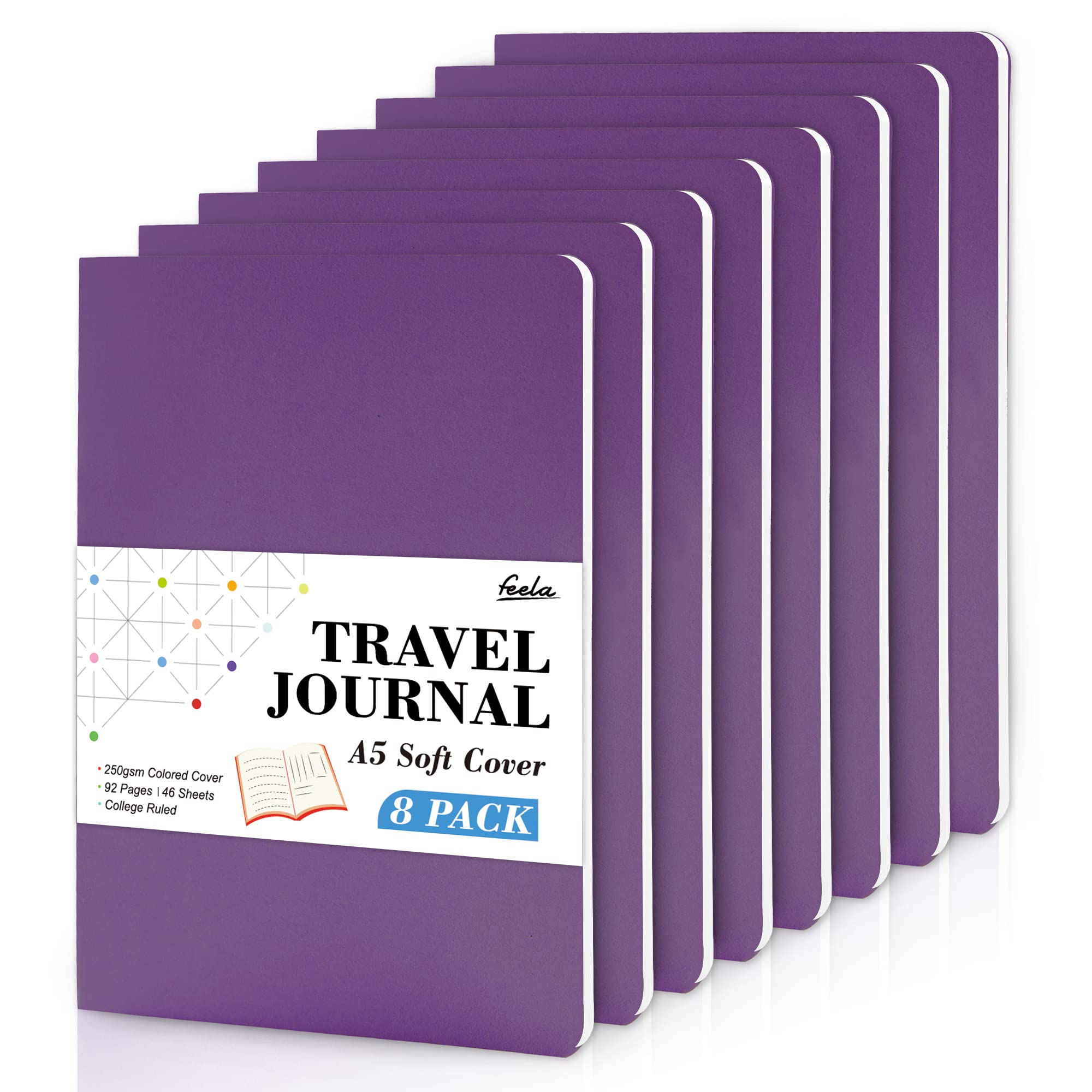 feela 8 Pack Soft Cover Notebooks A5 Lined Journal Notebooks College Ruled for Work, Lined Travel Journal for Women Men, Note Taking Notepad School Supplies Business Writing Note Books, Deep Purple