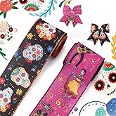 Hying Mexican Days of The Dead Ribbons - Wired Edge, Burlap, Purple & Black, Skull & Skeleton Pattern, 2 Rolls for Wreath Bows, Gift Wrapping & Dia De Los Muertos Decor