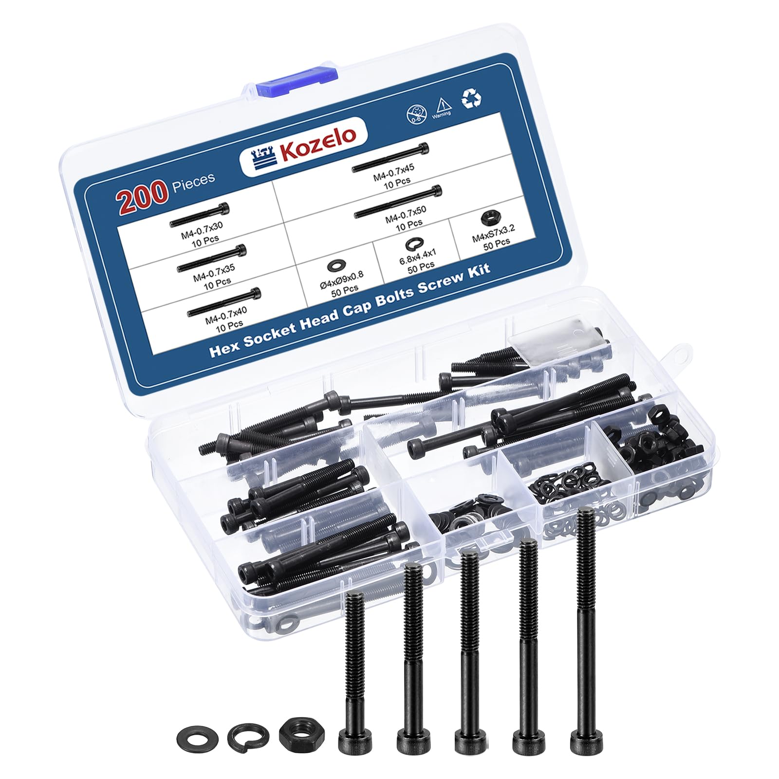 Kozelo 200pcs M4 Socket Head Cap Screws Bolts Nuts Assortment Kit - [M4x30/35/40/45/50mm] Alloy Steel Fully Threaded Black Oxide 12.9 Internal Hex Screw for 3D Printer Use — image 1