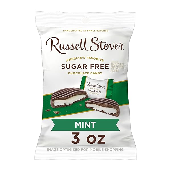RUSSELL STOVER SUGAR FREE DARK CHOCOLATE MINT PATTIES WITH STEVIA, 3 OUNCE BAG