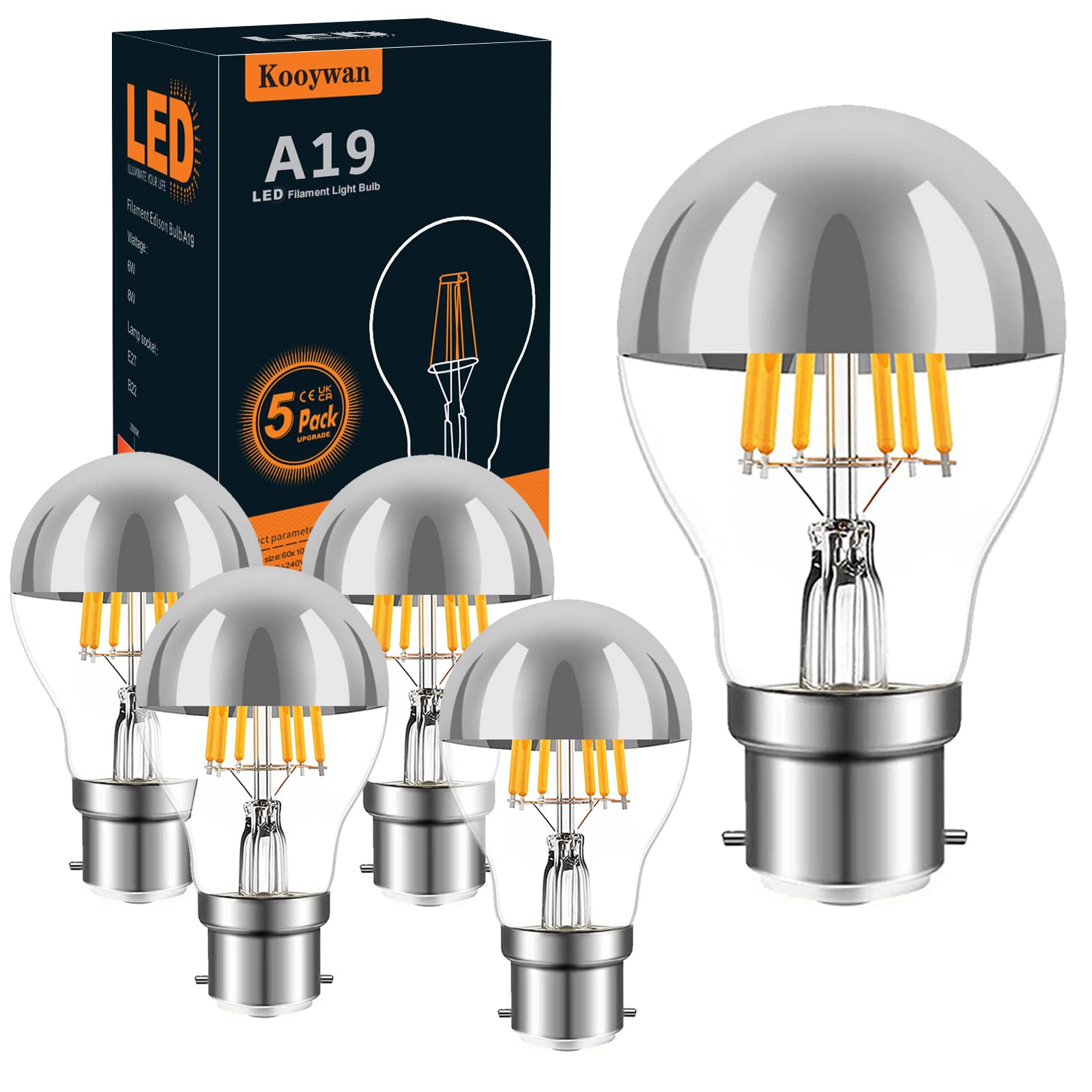 KOOYWAN A60 Silver Crown Bulb-6W(60W Equivalent) Dimmable Half Chrome LED Light Bulb, Vintage Edison Bulbs, Anti-Glare, B22 Bayonet Filament Bulb, 2700K Warm White, Pack of 5 — image 1