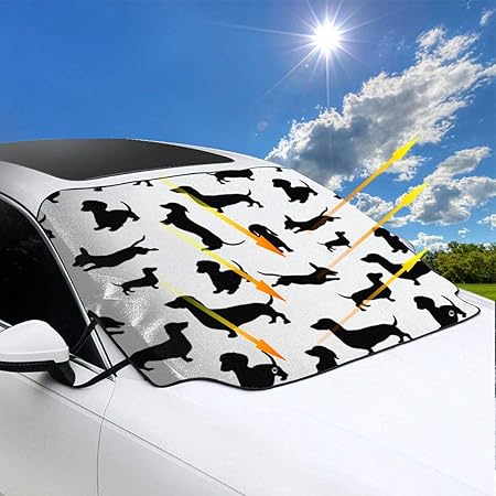 Amazon サンシェード 黒犬ダックスフンドシャドウパターン 車用 フロントガラス 遮光 断熱 吸盤付き 簡単着脱 丈夫で長持ち 収納ポーチ付き サンシェード 車 バイク
