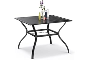 Bigroof Outdoor Patio 37" Square Dining Table Metal Steel Slat Backyard Bistro Table Outdoor Furniture Garden Table, with 1.57” Umbrella Hole, Black