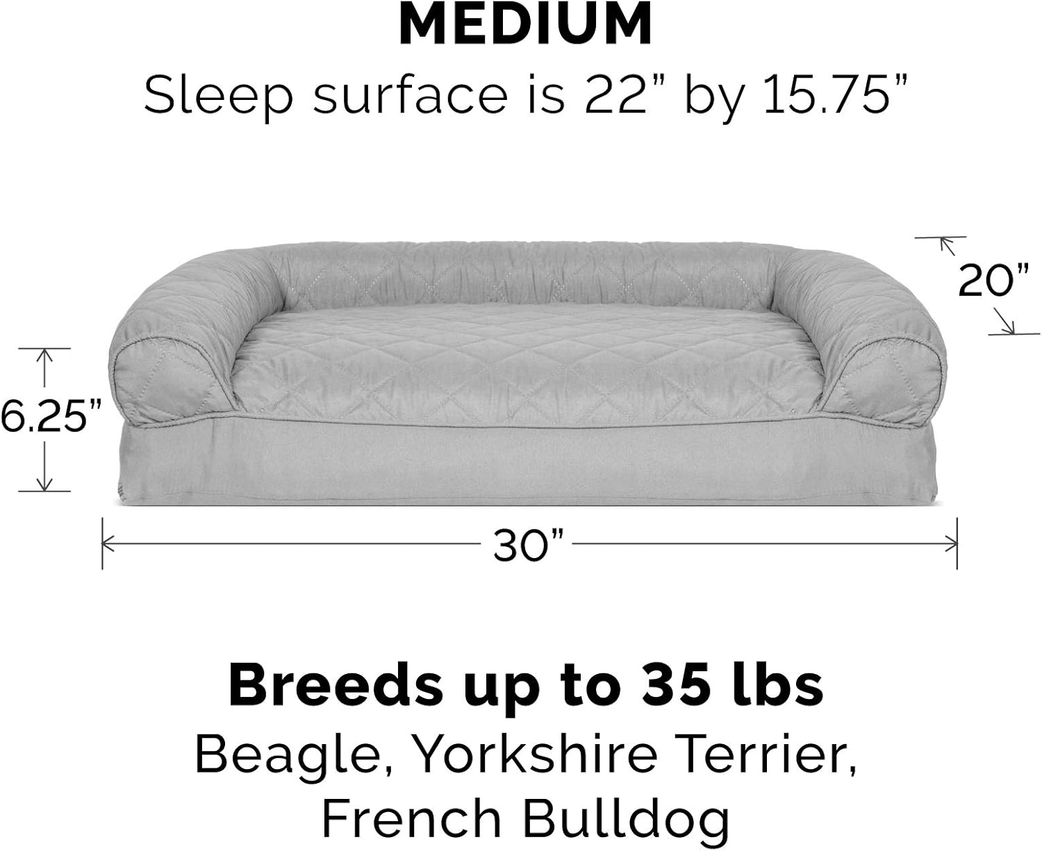 Furhaven Pet Dog Bed - Quilted Pillow Cushion Traditional Sofa-Style Living Room Couch Pet Bed with Removable Cover for Dogs and Cats, Silver Gray, Medium : Pet Supplies