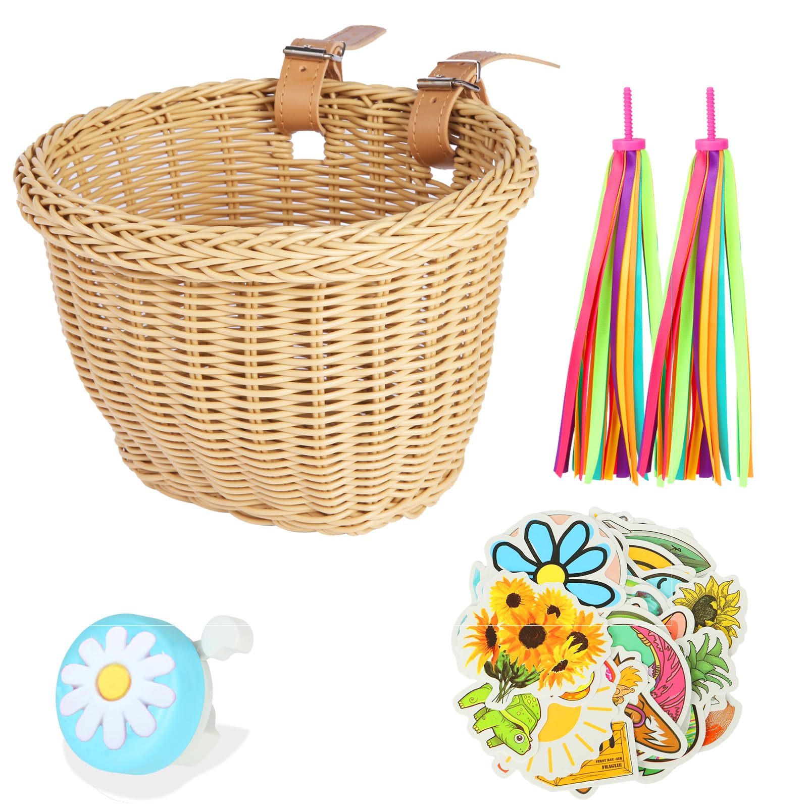 SVNR Kids Bike Basket, Girl Bike Basket Wood Color Handwoven, Bike Baskets for Kids, Children Cycling Baskets with Spare Leather Straps Streamers Bell and Stickers Easy Install Detachable