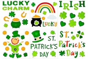 JOICEE 6pcs St. Patrick's Day Gel Window Clings, Shamrock Gnome Gold Clover Irish Lucky Window Stickers for St. Patrick's Day Window Decors for Kid.